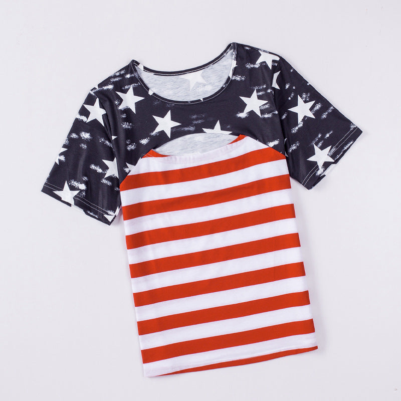 Printed Hollow Striped T-shirt Women's Simple All-match Round Neck Contrast Color Top