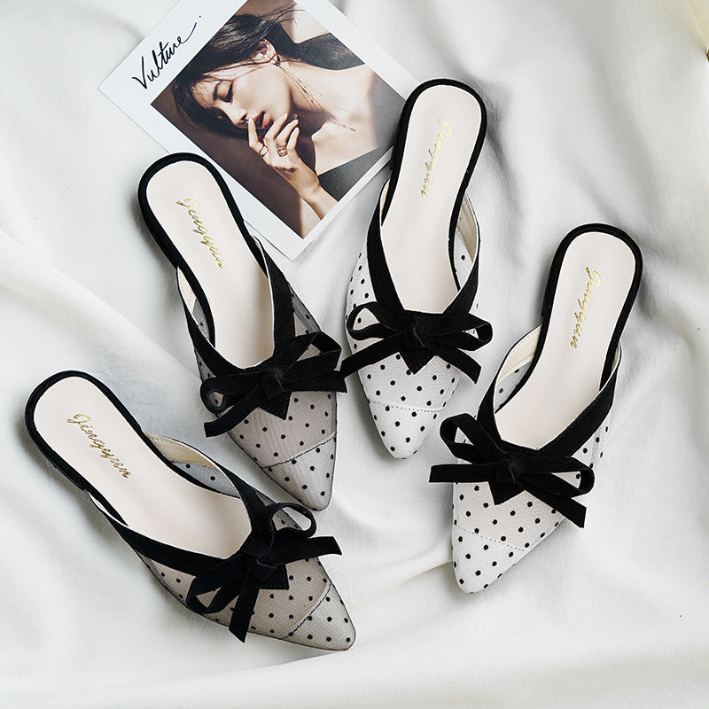 Lace Fashion Pointed Toe Baotou Low Heels Outer Wear Sandals Female Half Slippers