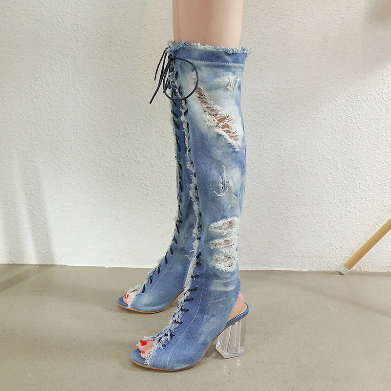 Crystal Block Heel Denim Fish Mouth Strap Roman High Heel Boots