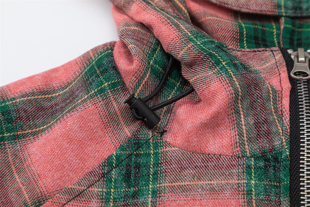 European And American Style Plaid Long Sleeve Hooded Shirt Coat