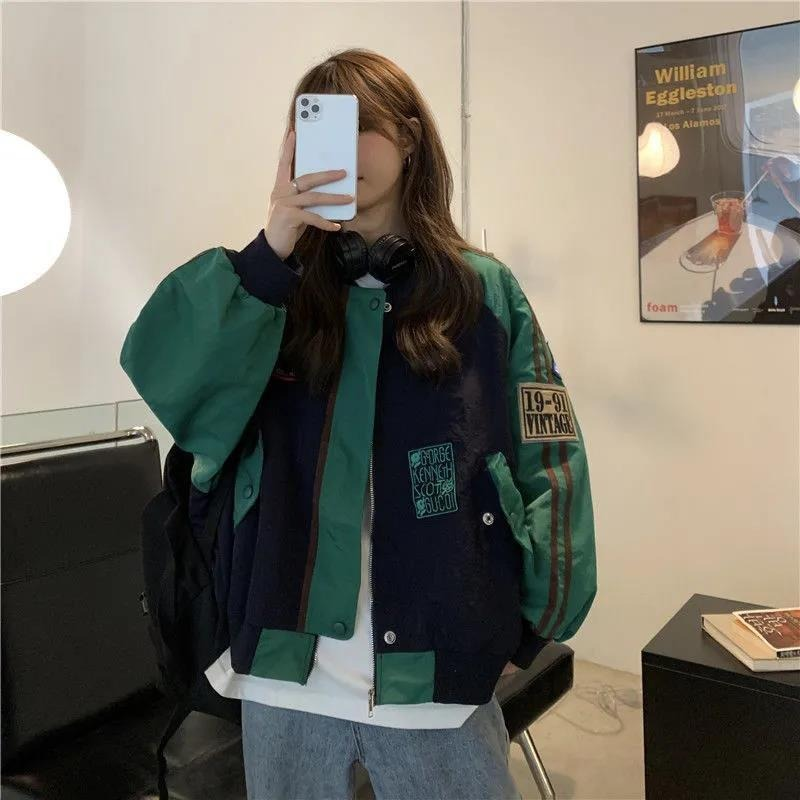 Women's Contrast Color Stitching Zipper Baseball Jacket