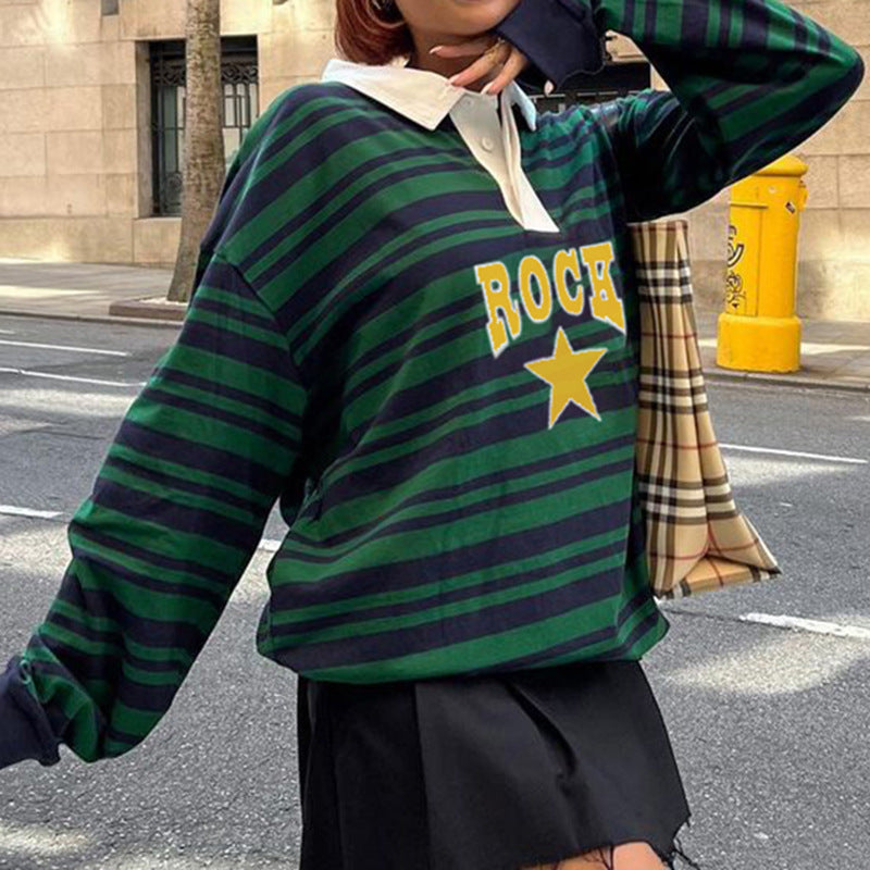 Personality Street College Striped Pentagram Print Sweatshirt
