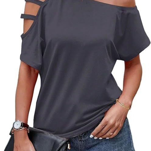 Womens Fashionable New Off-shoulder Asymmetrical Hollow-out Casual Short-sleeve Top
