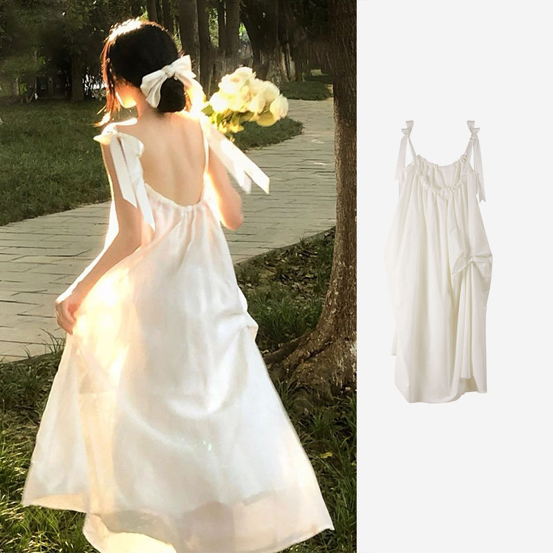 Solid-color French-style Backless Slip Dress In A Soft Feminine Style