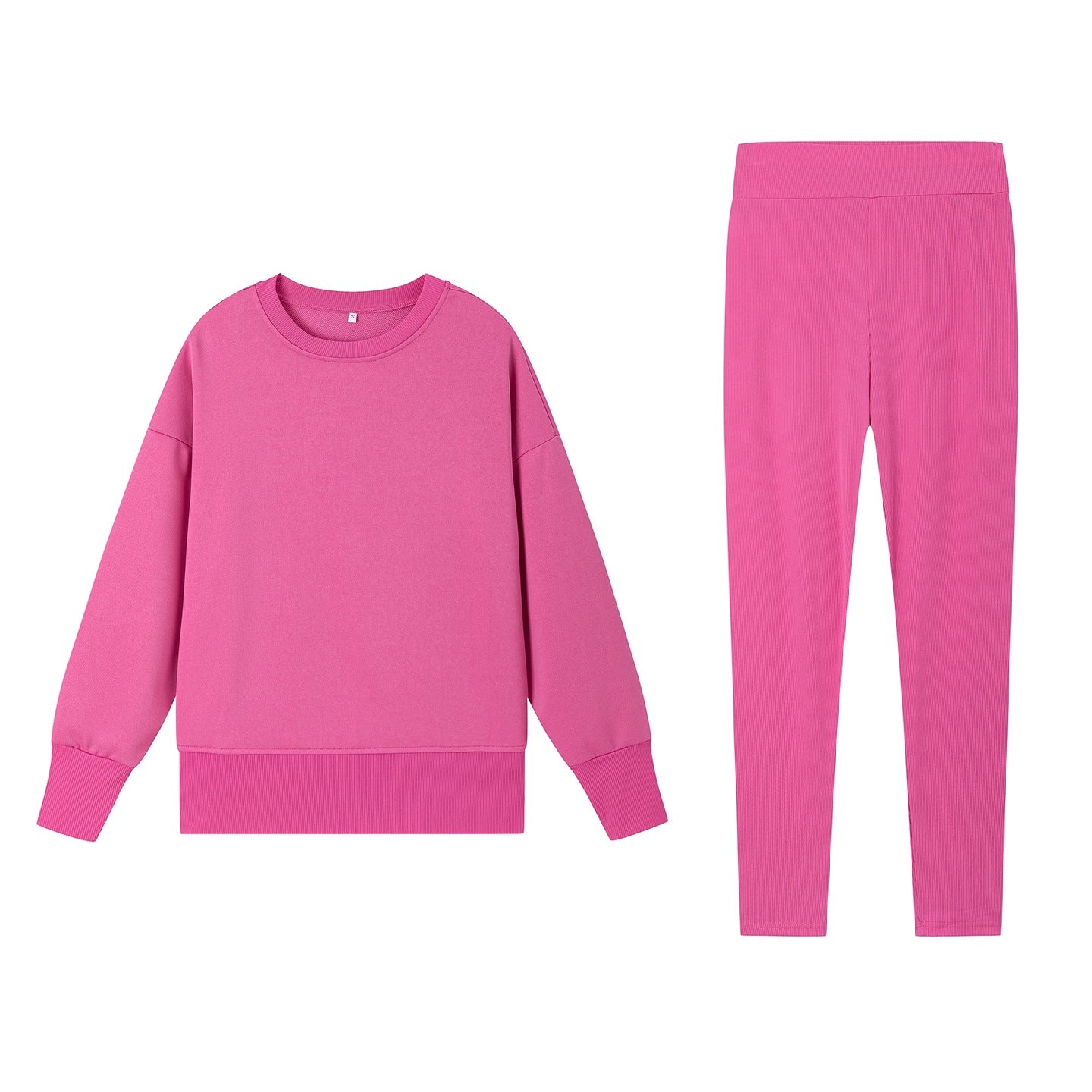 Casual Relaxed Fit Long Sleeve Crew Neck Top With Side Slits Paired With Matching Sweatpants