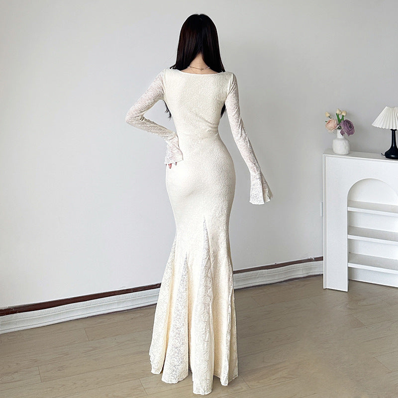 French-style Ethereal Jacquard Lace V-Neck Dress With Ties