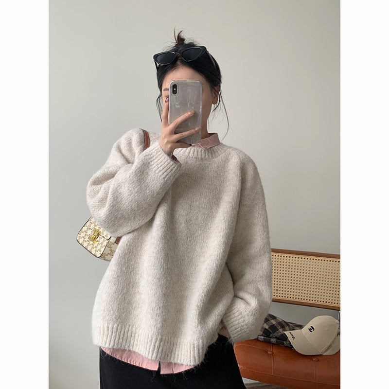 Round Neck Idle Style Autumn And Winter Long Sleeve Soft Glutinous Colored Knit Top