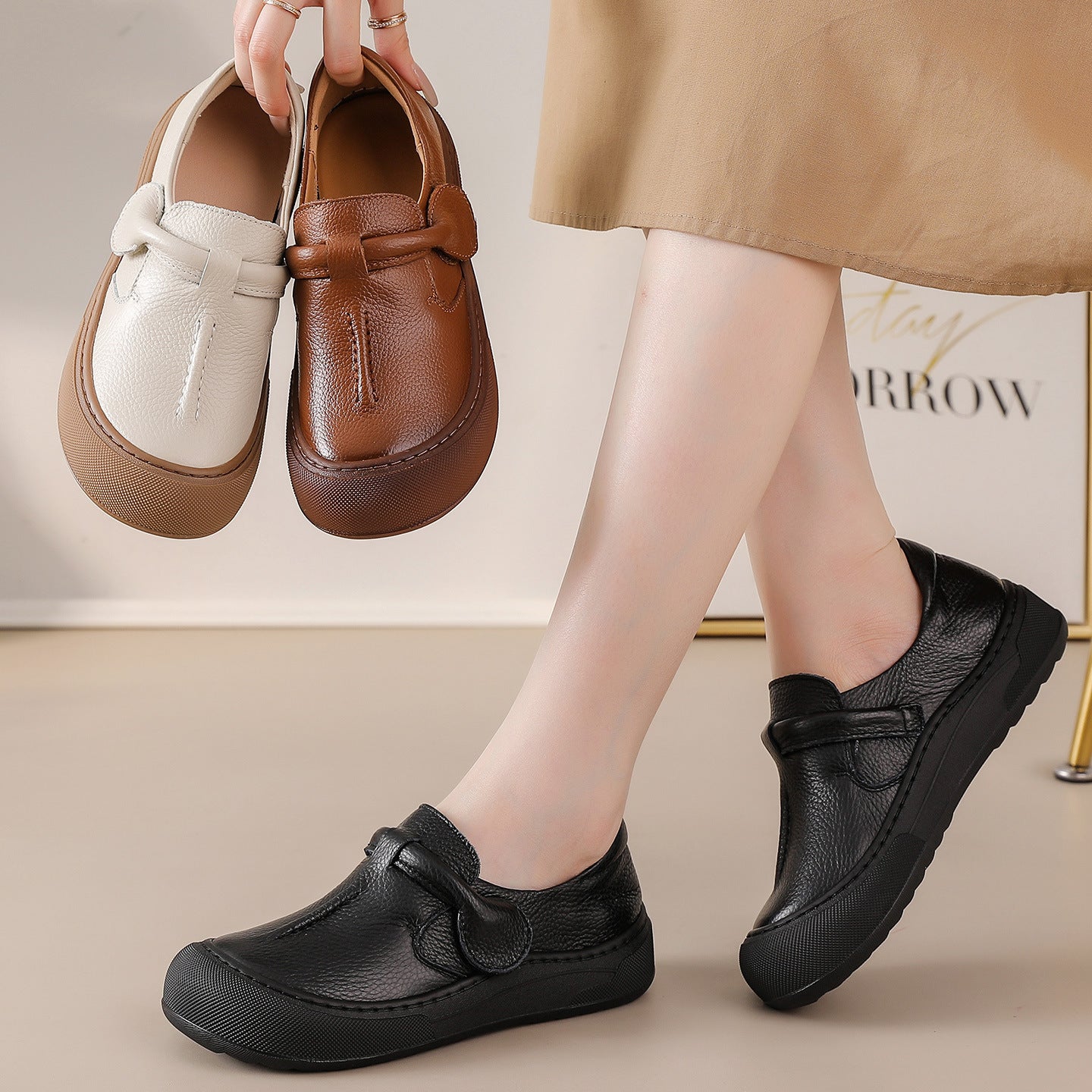 First-layer Cowhide Soft-soled Mom Shoes Comfortable Vintage Slip-on Shoes Made From Genuine Leather