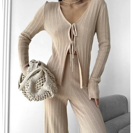 Womens Set Long-sleeve Tie-front Cardigan With Casual Trousers