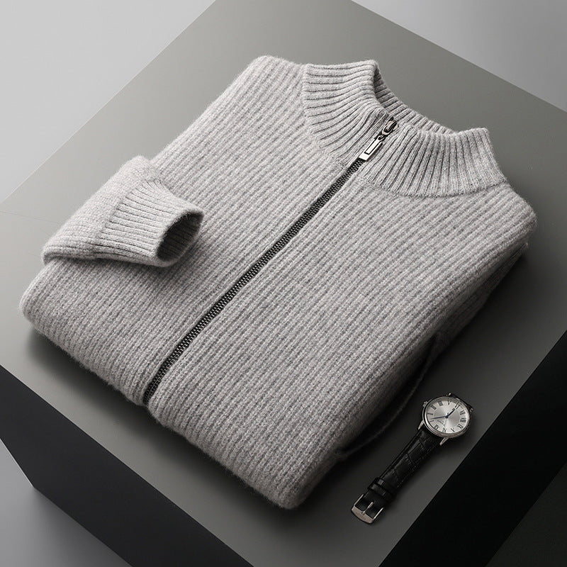 Thickened Autumn And Winter Wool Cardigan Men's Stand Collar Zipper Knitted Jacket With Pocket