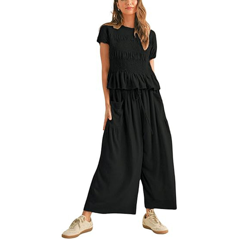 European And American Womens Fashion Elastic-waist Pleated High-waist Wide-leg Pants