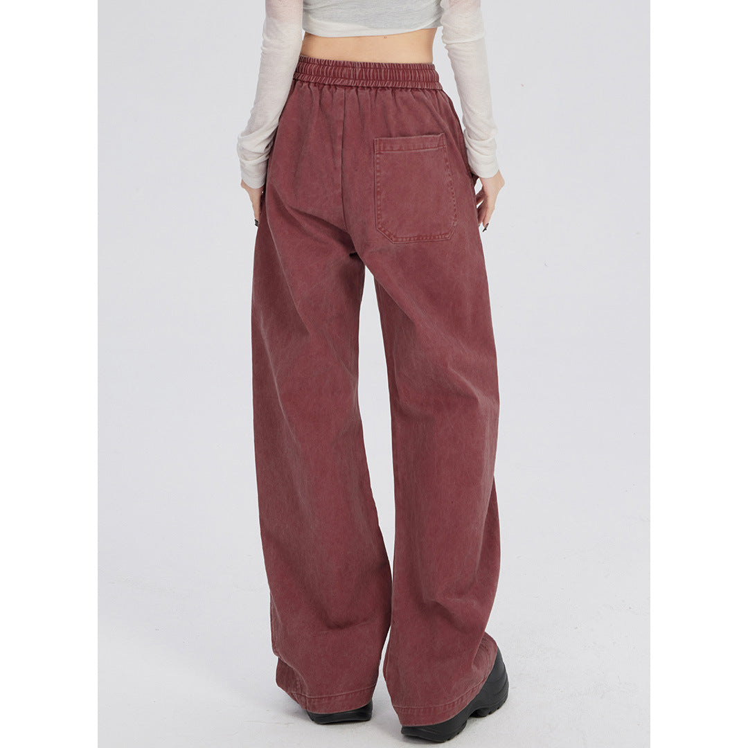 Retro Washed Distressed Drawstring Elastic Waist Jeans