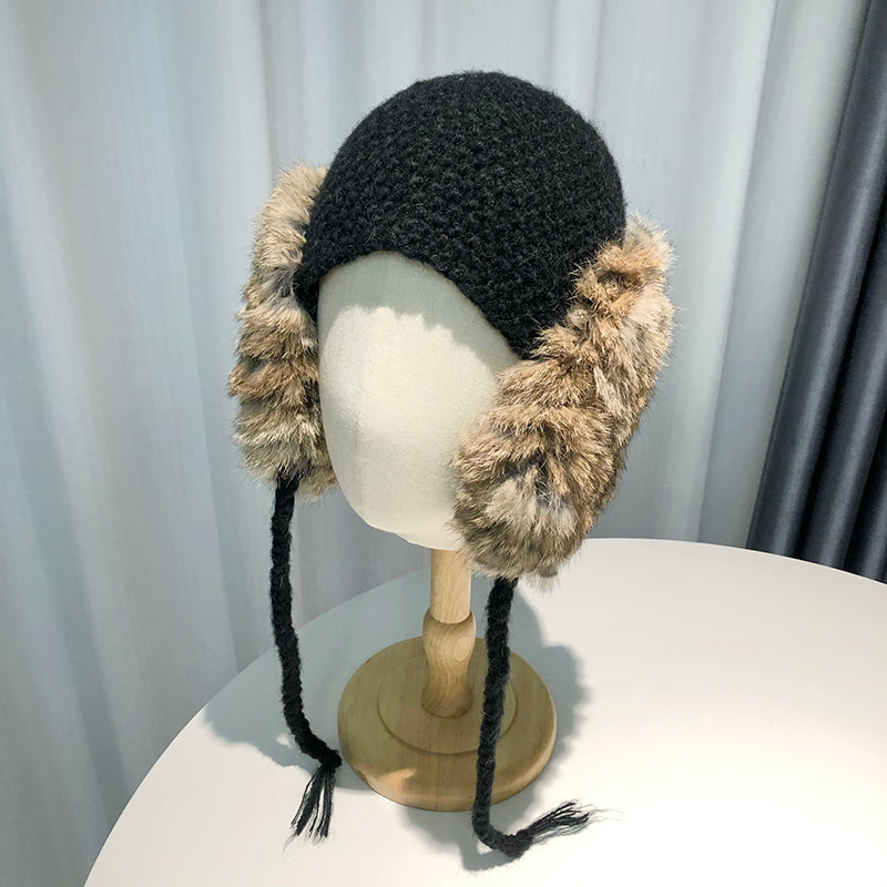 Women's Furry Double Ear Protection Rabbit Wool Beanie Hat