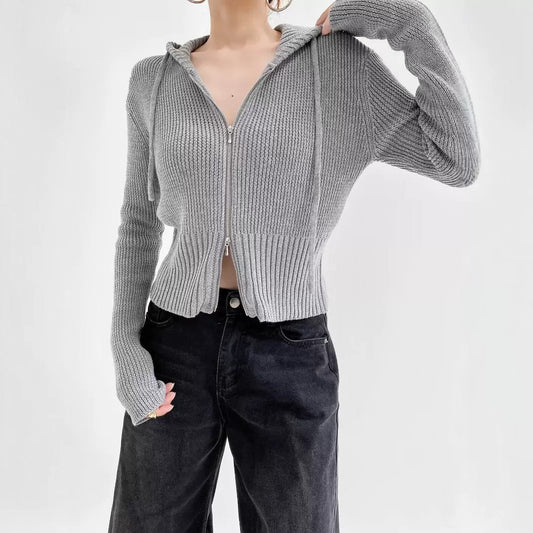 Women's American-style Hooded Zipper Knitted Cardigan Early Autumn New Short