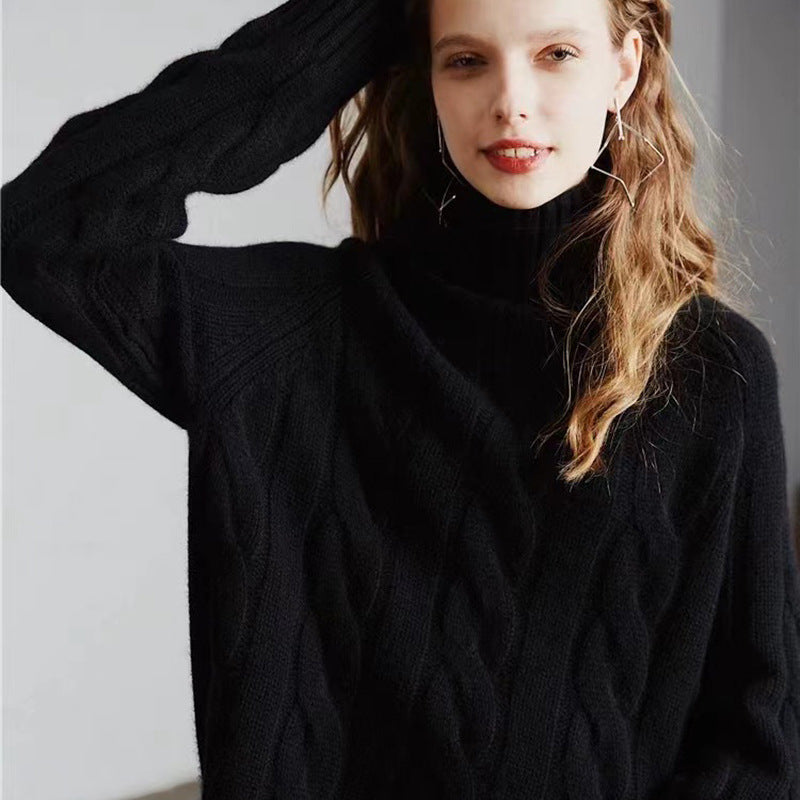 Women's High Neck Thickened Idle Style Pullover Cable-knit Sweater