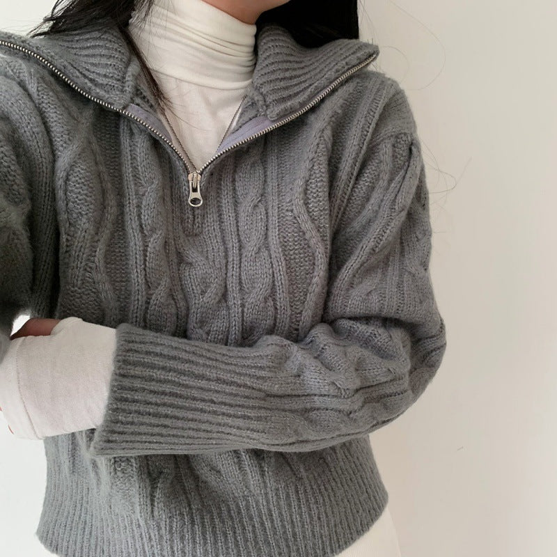 Retro Elegant Twist Zipper And Lapel Long Sleeve Sweater