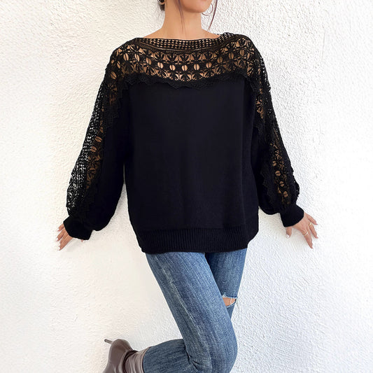 Lace-Panel Off-the-Shoulder Sweater Pullover
