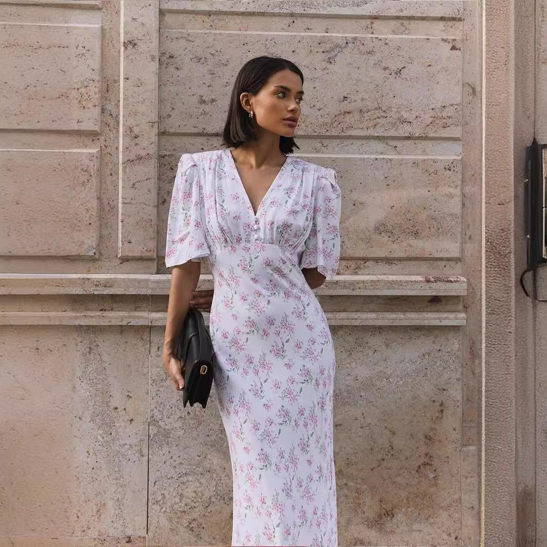 Summer New V-Neck Straight Shoulder High-Waisted Long Floral Print Dress