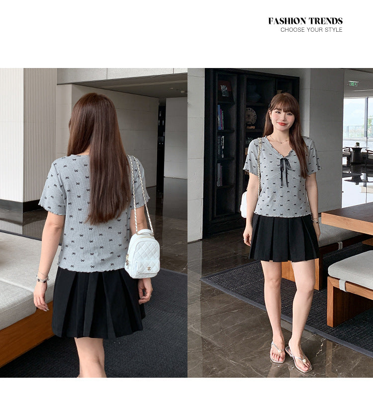 Sweet V-neck Bow Printed Shirt T-shirt