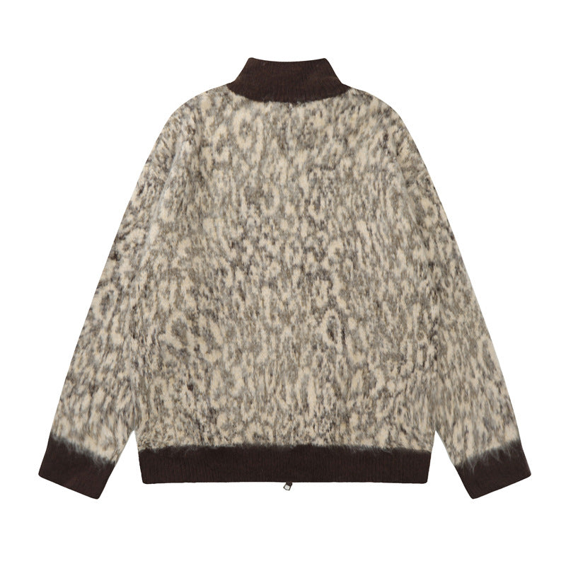 Double-headed Zipper Leopard Cardigan Sweater American Retro