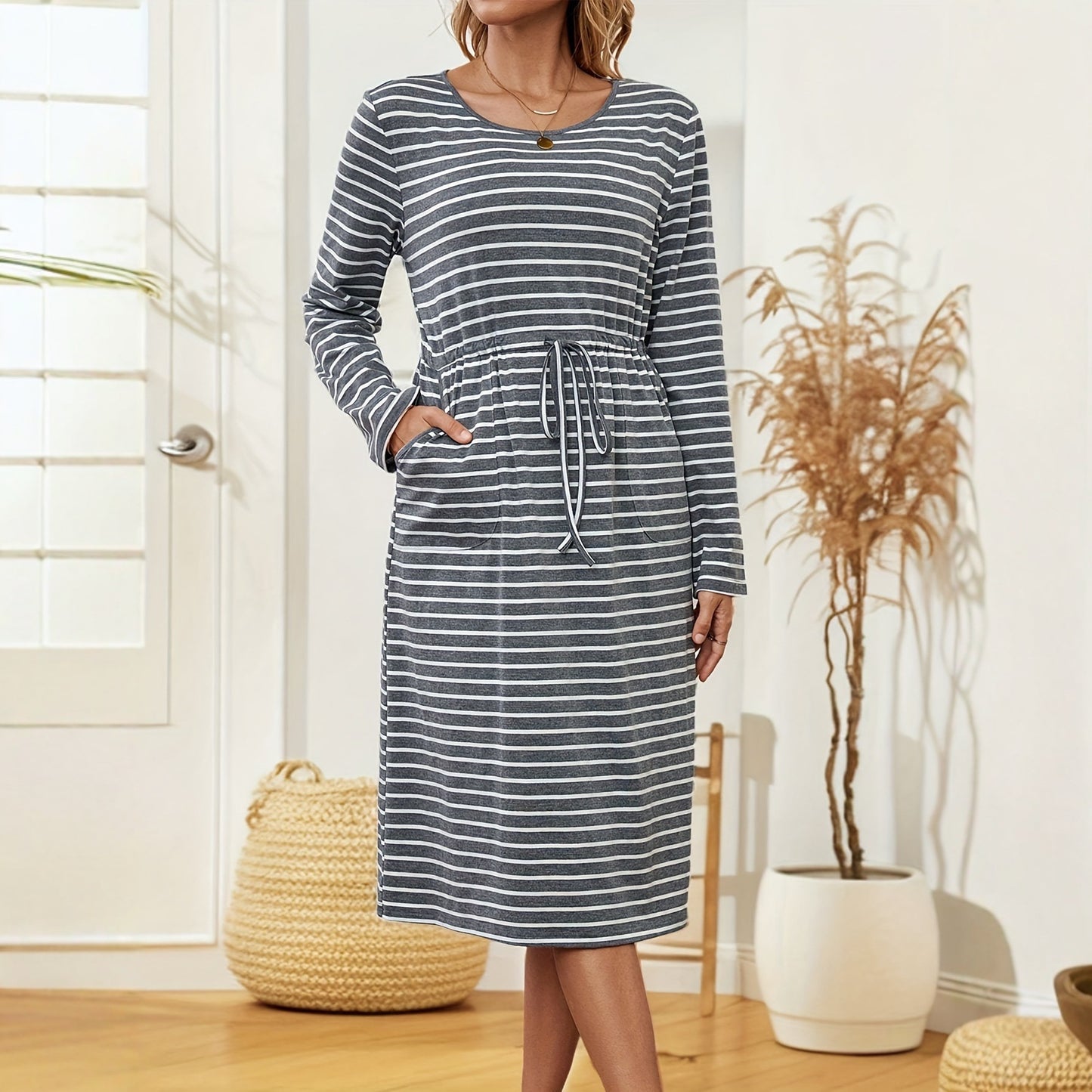 Loose-fitting Womens Striped Long Sleeve Dress