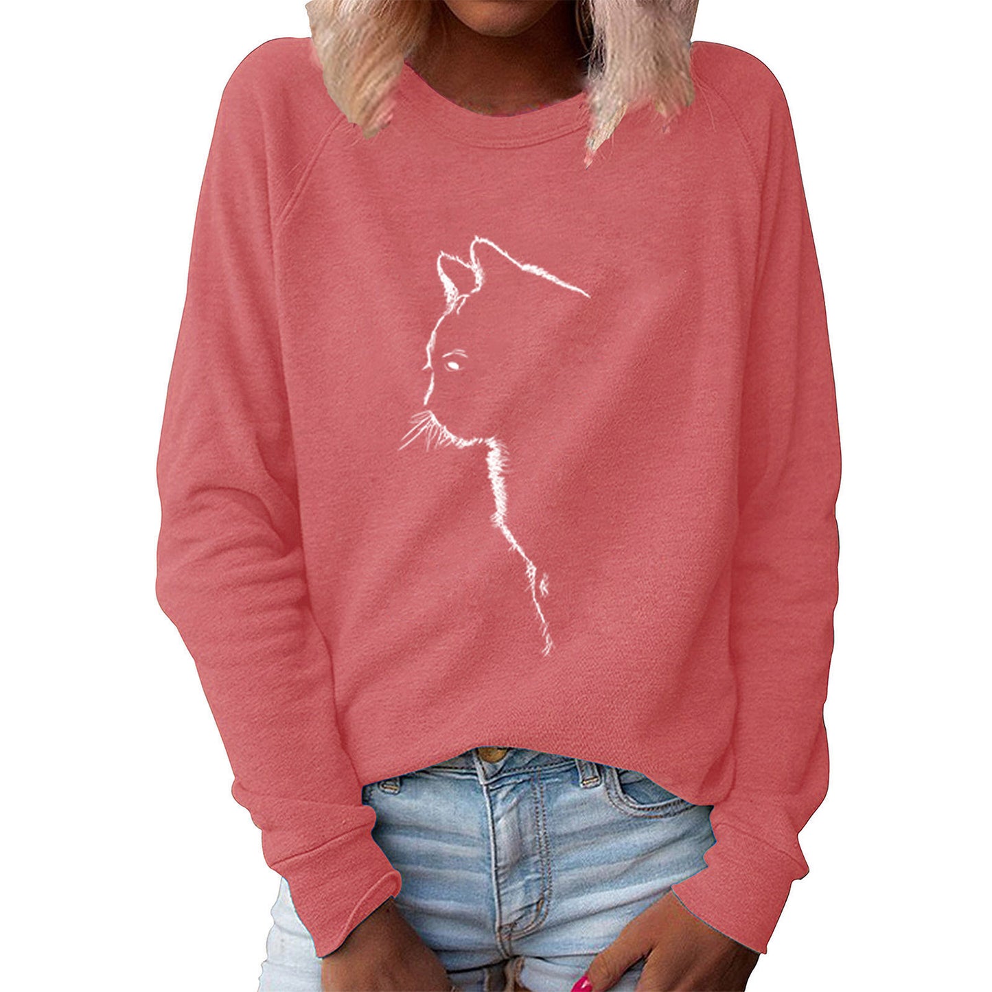 Cat Creative Printing Round Neck Long Sleeve Sweater For Women