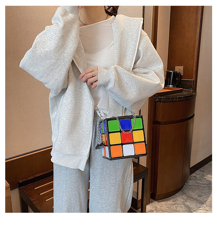 Fashion Color Contrast Cute Personality Creative Rubik's Cube Shape Portable Hand-carrying Chain Bag