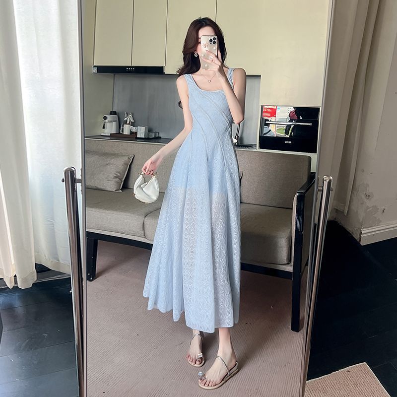 French-style Blue Square-Neck Strap Dress Womens Waist-Cinching Slimming Dress