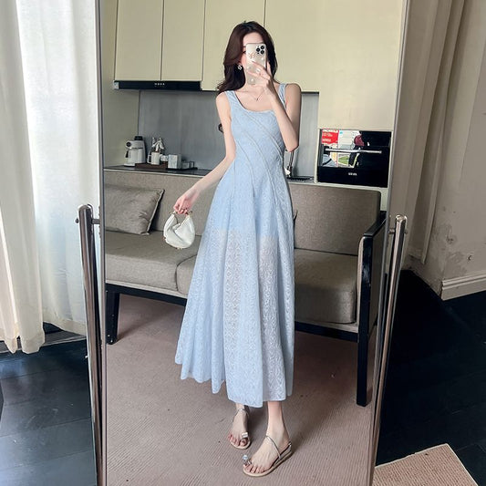 French-style Blue Square-Neck Strap Dress Womens Waist-Cinching Slimming Dress