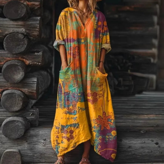 Vibrant Multicolor Boho Floral Print Maxi Dress With Pockets