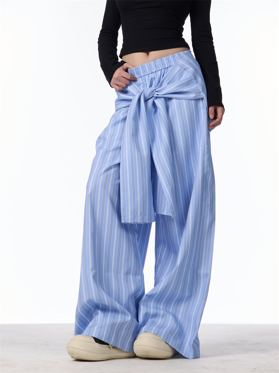 Retro Contrast Color Striped Wide-leg Pants Female Loose Casual Trousers