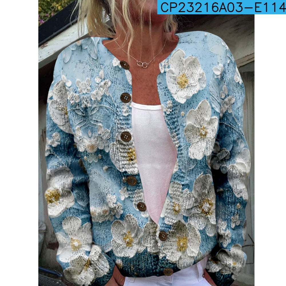 Ny strikket cardigan med 3D-print i løs pasform til damer – efterårs- og vinterstil