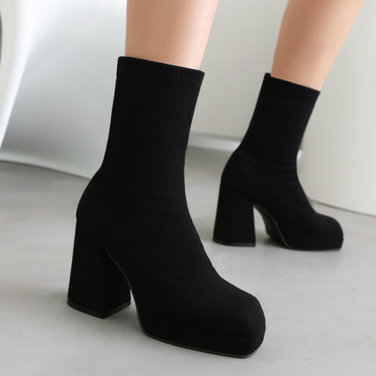 Womens High-heeled Chunky-soled Square-toe Ankle Boots