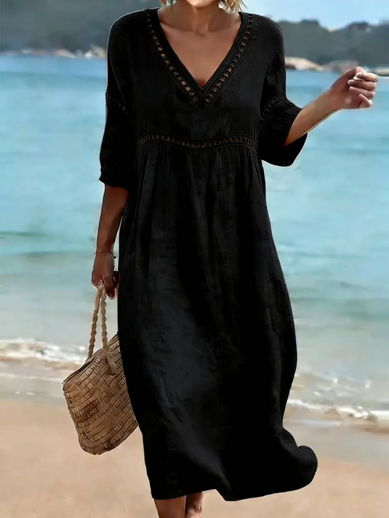 Elegant Casual V-Neck Solid Color Mid-Sleeve Womens Dress