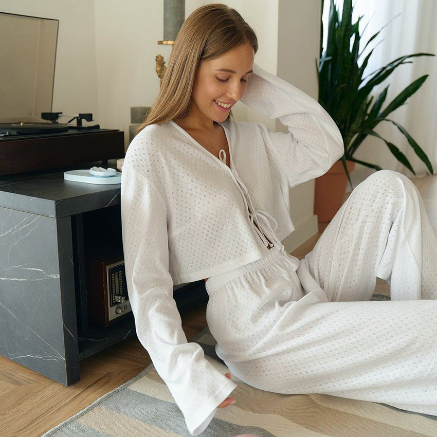 Womens Soft Long-Sleeve Pajama Pants With Hollow-Out Jacquard DesignPerfect For Lounging At Home In Europe And The US