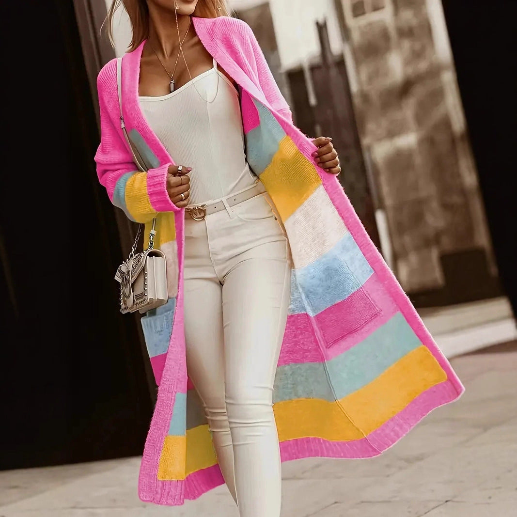 Contrast Color Rainbow Striped Casual Loose Sweater