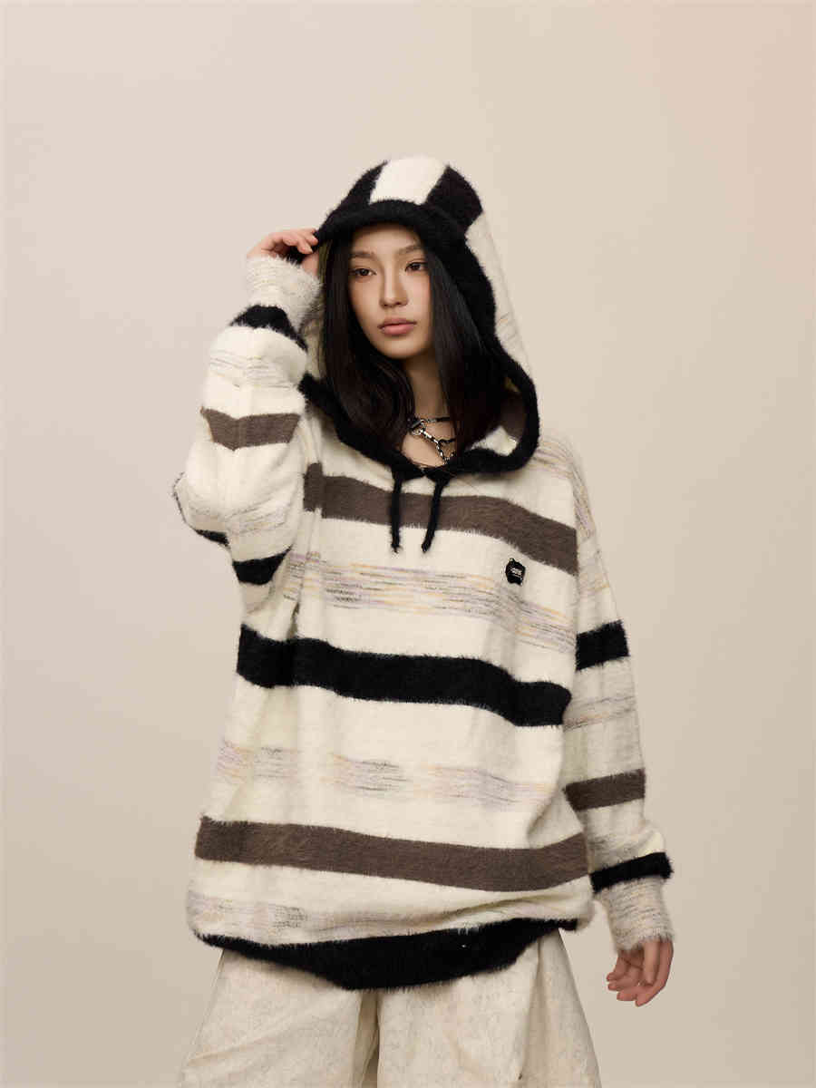 Idle Style Striped Hooded Sweater For Women