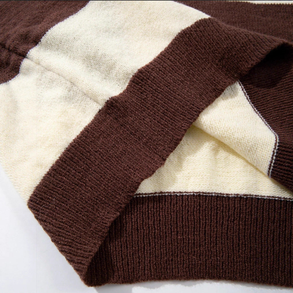 Round-neck Knitted Long-sleeve Thermal Padded Casual Cozy Sweater With Vertical Stripes