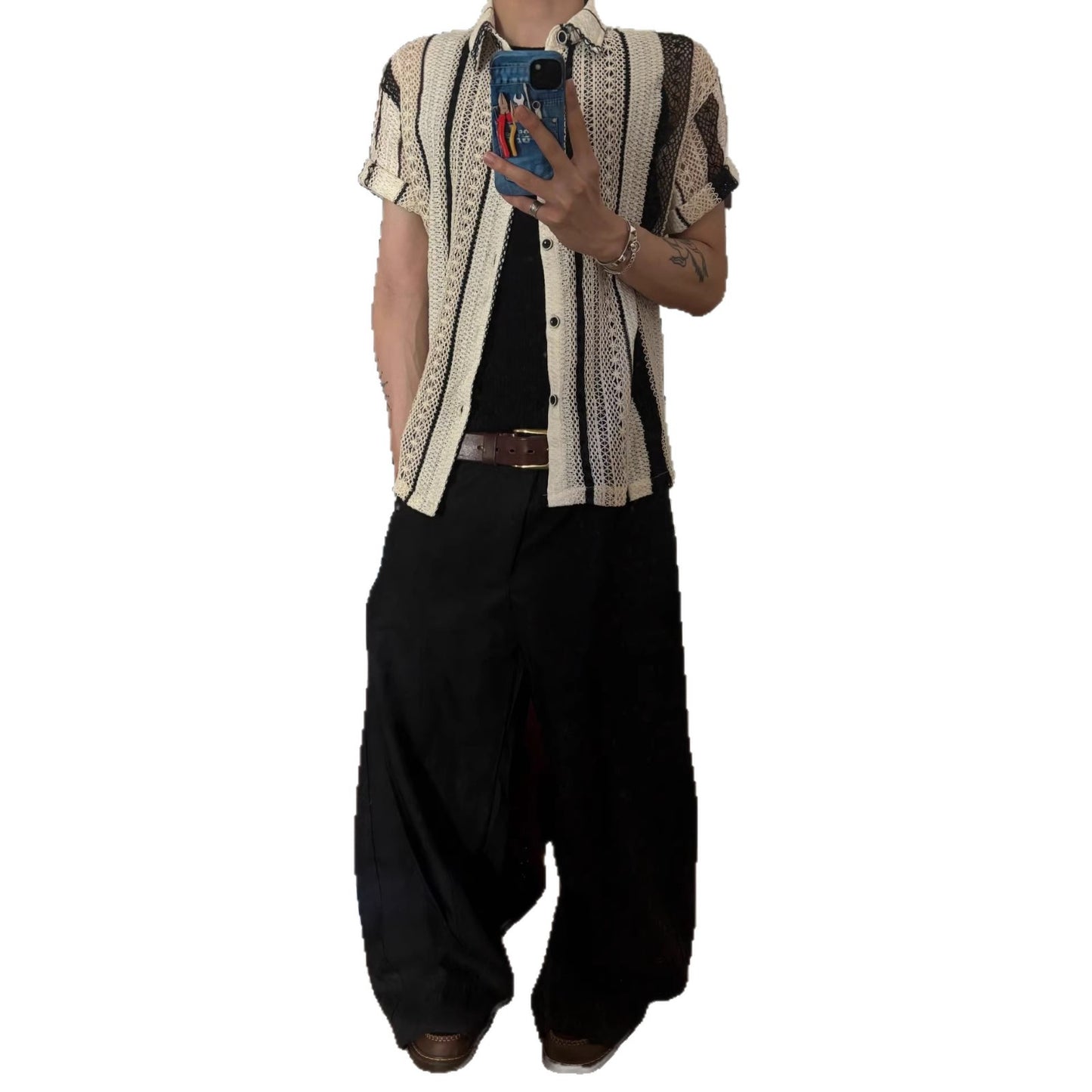 Striped Contrasting Color Hollow-Out Knitted Short-Sleeve Shirt
