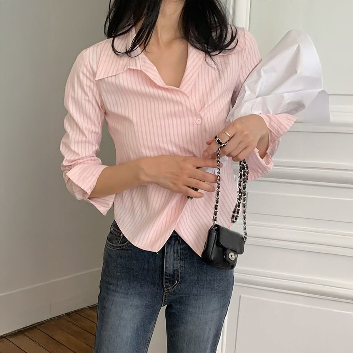 French-style Sweet-and-cool Design Waist-cinching Striped Blouse