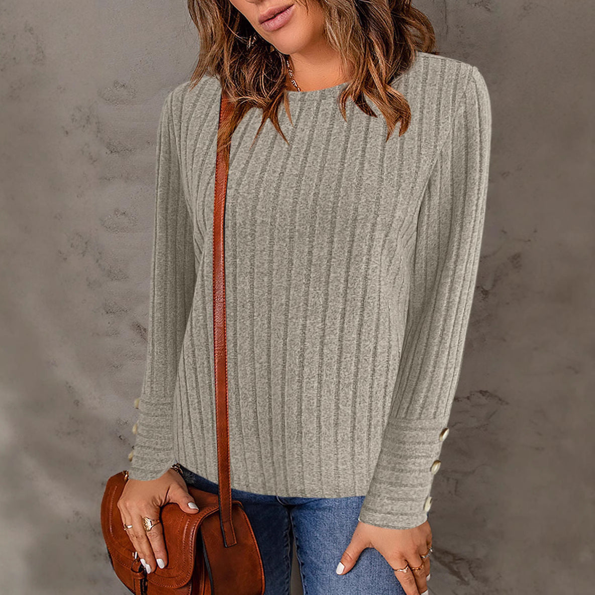 Pullover Round Neck Fashion Long Sleeve Button Top