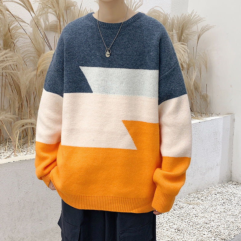 Men's Color Block Loose Round Neck Sweater
