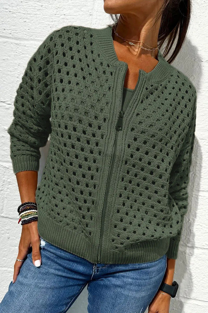 Fashion Hollow Knitted Jacket Zip-up Long-sleeved Tops Women's Clothing