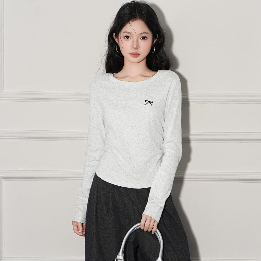 Regular Skuldre Rund Hals Plisseret Broderi Langærmet Basisbluse