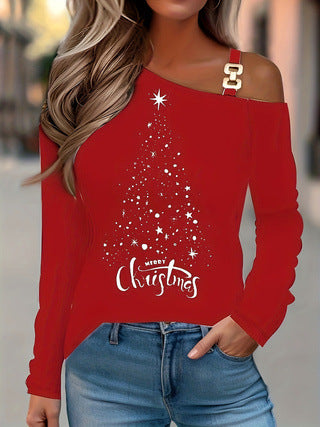 Casual Christmas Printed Long Sleeve Off-the-shoulder T-shirt