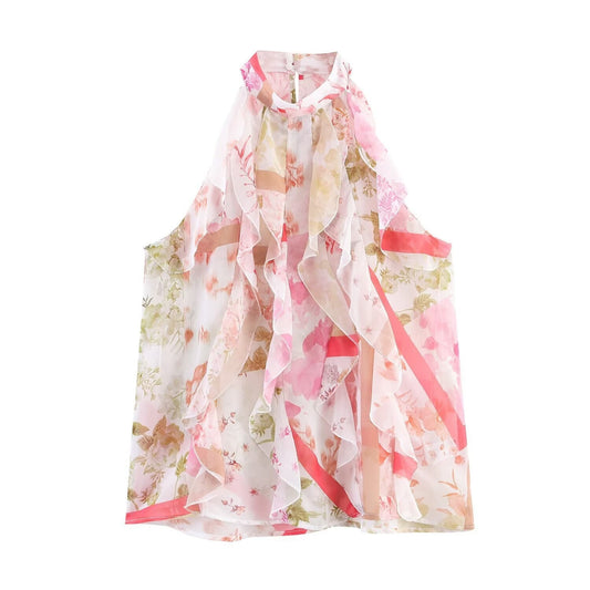 European And American Style Floral Print Layered Decorative Women's Blouse