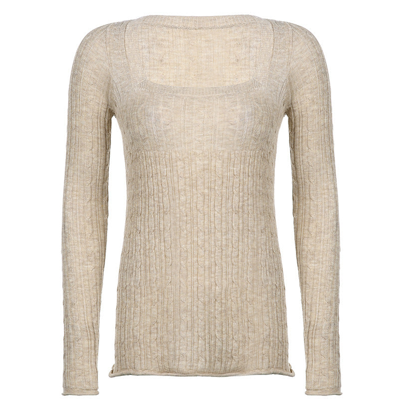 Retro Low Collar Square Collar Twisted Khaki Sweater
