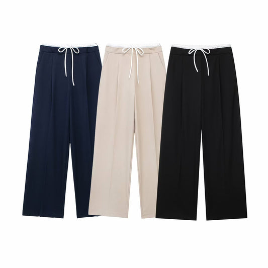 Simple Relaxed Fit Womens Pants With A Drawstring And Elastic Waist