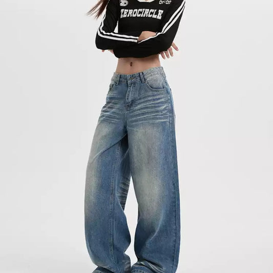 American-style Retro Blue Cat Wide-leg Jeans