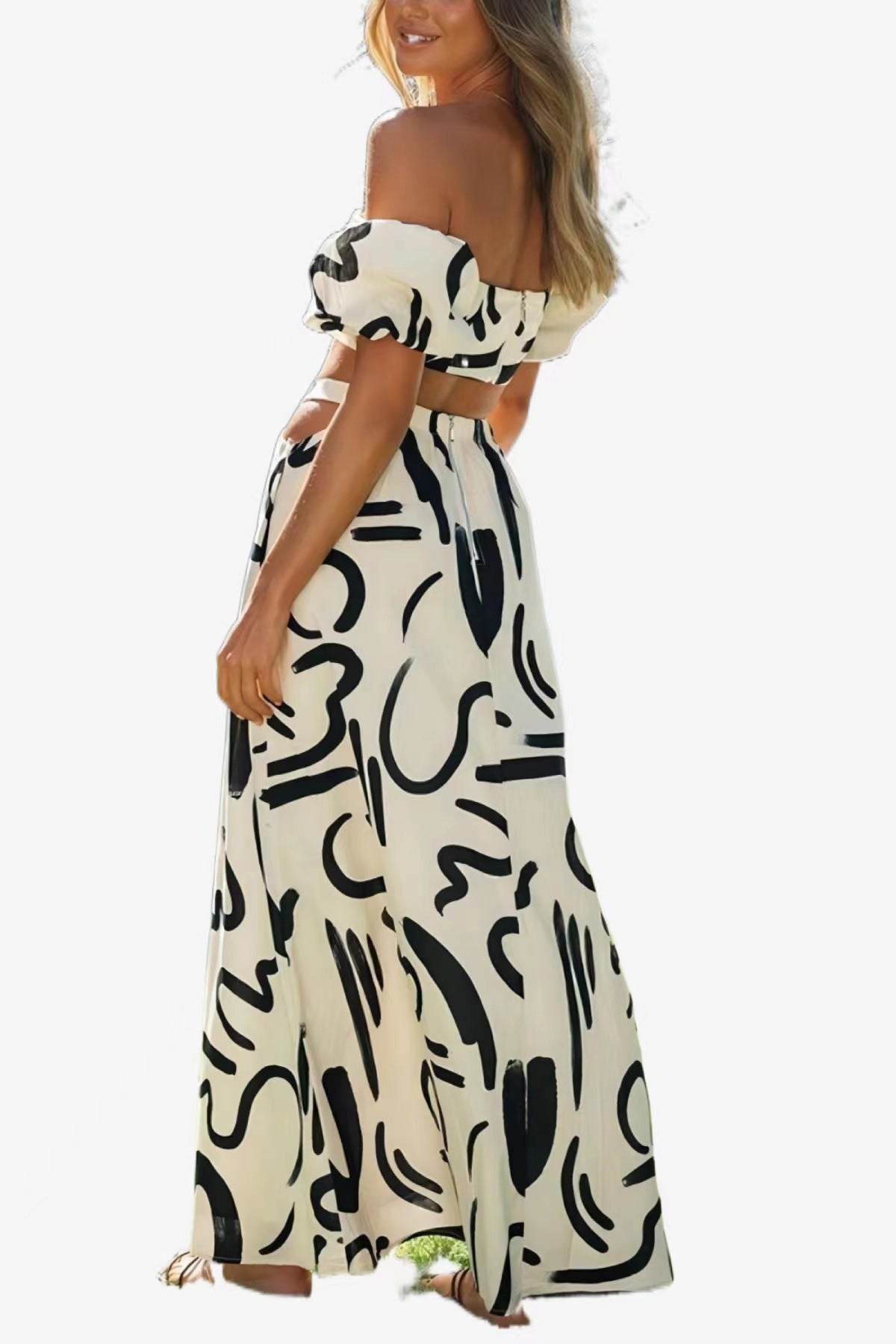 Women's Bubble Sleeve Hollow-out Large Swing Dress Split Skirt Suit